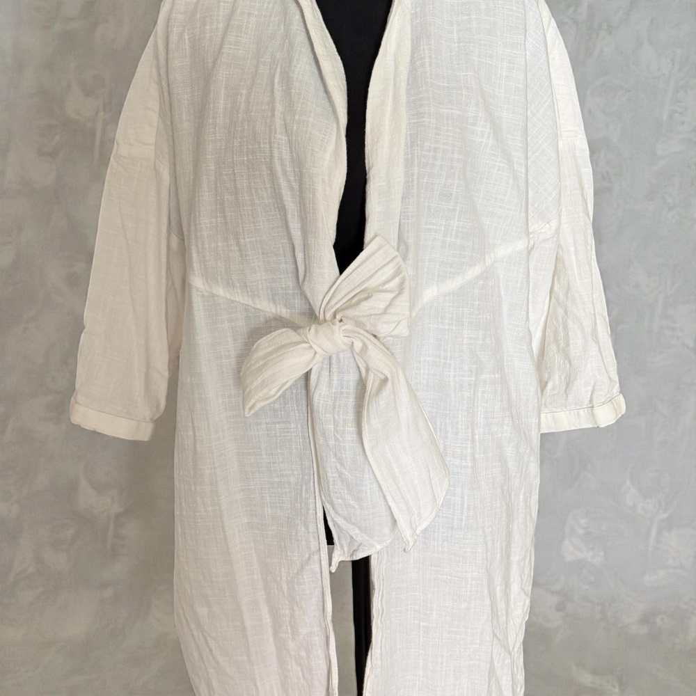 Zara Linen Blend Women's White Fashion Top 3/4  sleeve open, tie-front M